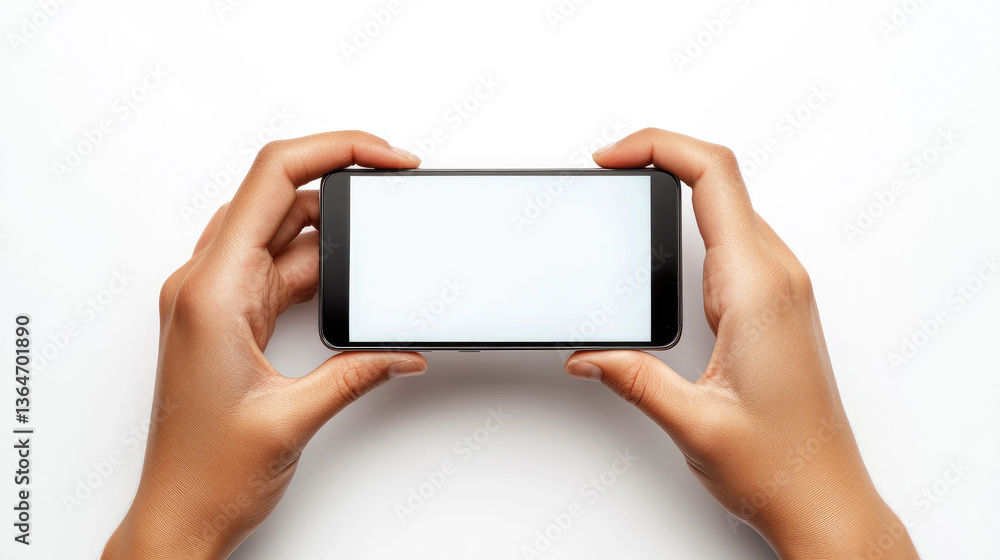Top view of hands holding smartphone with horizontal blank screen on white background, isolated mockup for app design, video content, mobile gaming and digital interaction. Banner with copy space Top view of hands holding smartphone with horizontal blank screen on white background, isolated mockup for app design, video content, mobile gaming and digital interaction. Banner with copy space