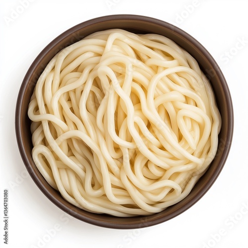 Plain Udon Noodles in Brown Wooden Bowl, Top View Isolated on a White Background