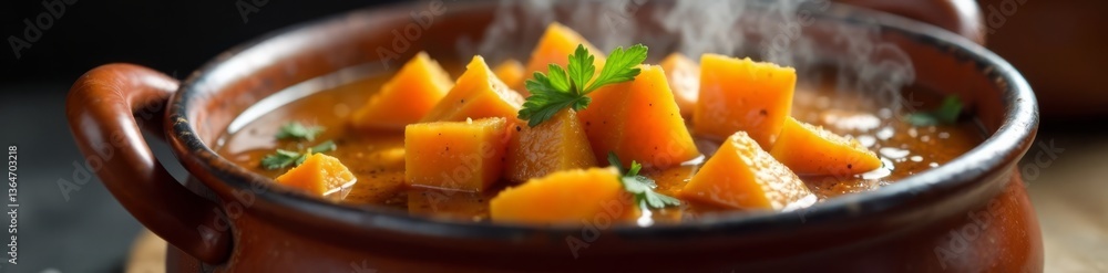 Steaming hot stew with sweet potatoes and pumpkin in a clay saucepan , stew, curry Steaming hot stew with sweet potatoes and pumpkin in a clay saucepan , stew, curry