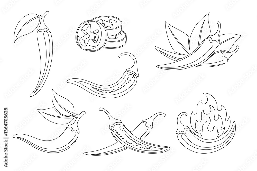 Obraz premium Chili pepper continuous one line drawing icon set. Editable stroke. Outline chili pepper vegetable collections isolated on a white background. Vector illustration