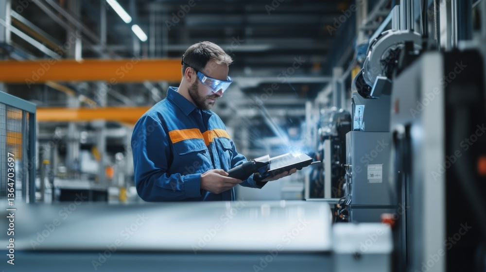 An engineer calibrating a robotic welding arm in an automotive factory, large industrial workshop with welding equipment and production lines, High-tech style An engineer calibrating a robotic welding arm in an automotive factory, large industrial workshop with welding equipment and production lines, High-tech style