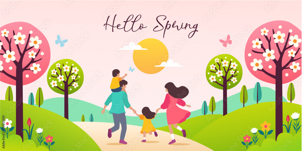 Fototapeta premium Hello Spring background vector illustration. Family walking in park, blooming flowers and butterflies. Spring season nature landscape with sunshine and pink sky.
