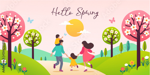 Hello Spring background vector illustration. Family walking in park, blooming flowers and butterflies. Spring season nature landscape with sunshine and pink sky.