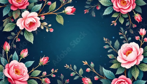 Watercolor garden rose bouquet seamless pattern with blooming tree and Chinese blue vase texture on dark blue background , vase, china glaze