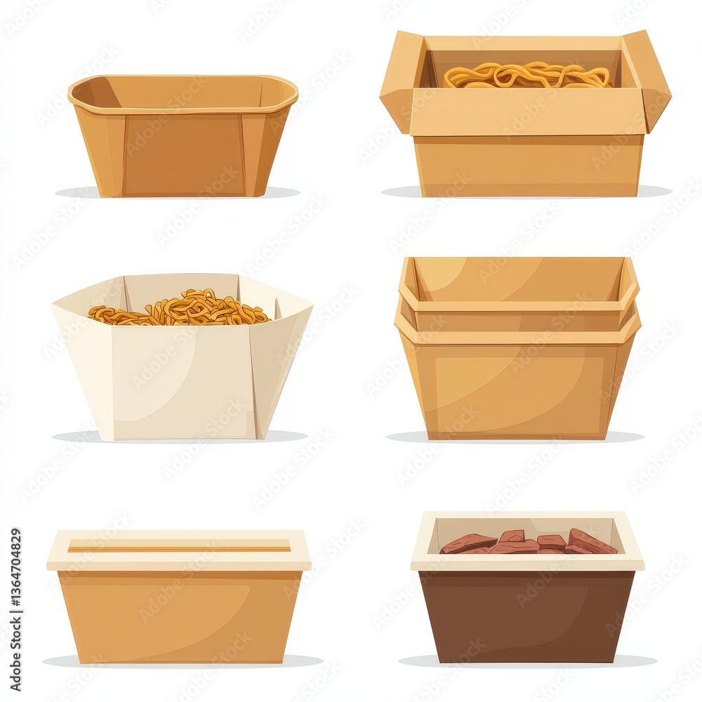 Set of fast food paper delivery containers, disposable cardboard boxes for noodles, meat or salad isolated on white background Set of fast food paper delivery containers, disposable cardboard boxes for noodles, meat or salad isolated on white background