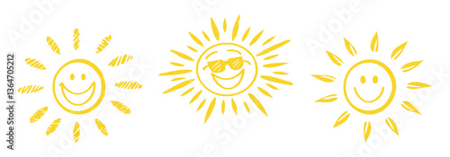 Cheerful summer-themed doodle collection featuring sun, smiley faces, thumbs up, discounts, and tropical holiday icons. Perfect for seasonal promotions, fun sales, and sunny vacation ads