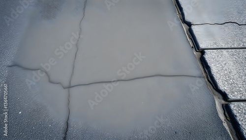 Cracked asphalt pavement reflecting a cloudy sky
