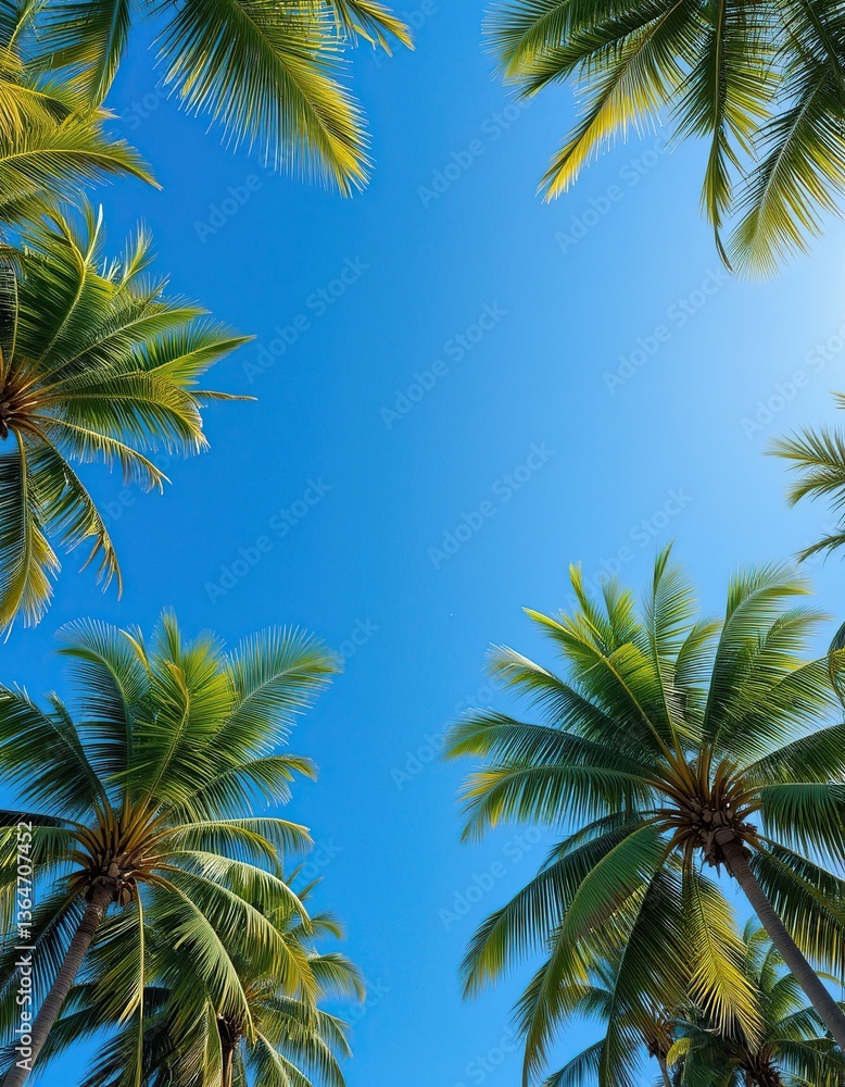 Obraz premium palm tree and blue sky,Looking Up at Palm Trees Against a Bright Blue Sky on a Sunny Day