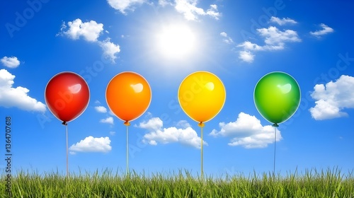 Vibrant Balloons Floating in a Clear Blue Sky.