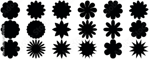 Geometric Shapes, Graphic Flower and Leaves Icons. brutalist shape stickers, Greeting card objects for anniversary, wedding, and design high quality flowers. Sale quality tags and labels. 