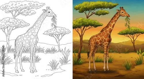 Coloring book coloring pages for adult. Giraffe in African savanna