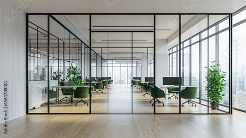 Modern office interior with glass walls, white and wooden flooring, green armchairs, black metal frames on the windows, large light-colored panels, minimalist design style