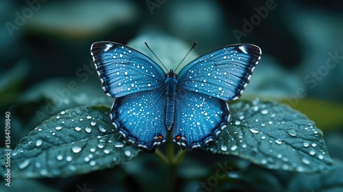 Capture a delicate blue butterfly perched on a leaf, softly illuminated by natural light, adorned with glistening dewdrops for an enchanting effect.