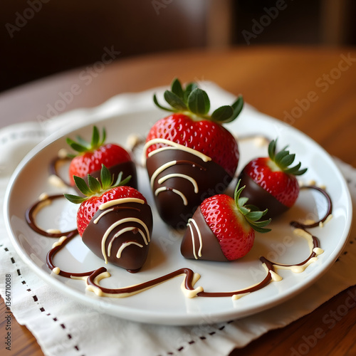  Fresh strawberries half-dipped in dark chocolate, with white chocolate drizzled over the top.
