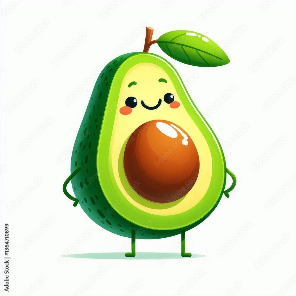 Anthropomorphic avocado with a smiling face and leaf on top. Cute cartoon fruit character isolated on white background Anthropomorphic avocado with a smiling face and leaf on top. Cute cartoon fruit character isolated on white background