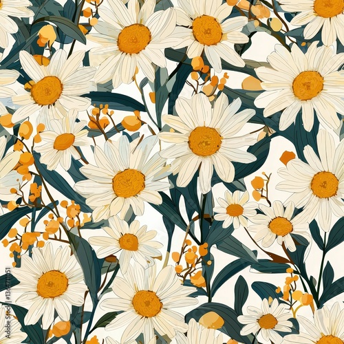 Wallpaper Mural Daisies flowers plants floral blooming botanical seamless pattern ornament design, tile Torontodigital.ca