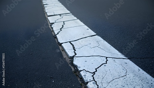 Cracked White Line on Asphalt Road - Surface Damage Concept