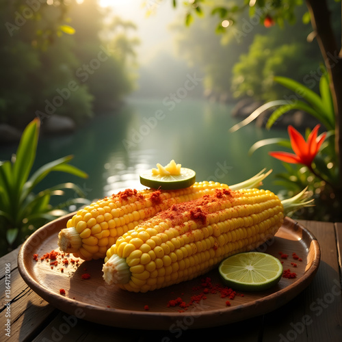  Freshly grilled corn on the cob, brushed with butter and sprinkled with chili powder and lime, served on a wooden platter.