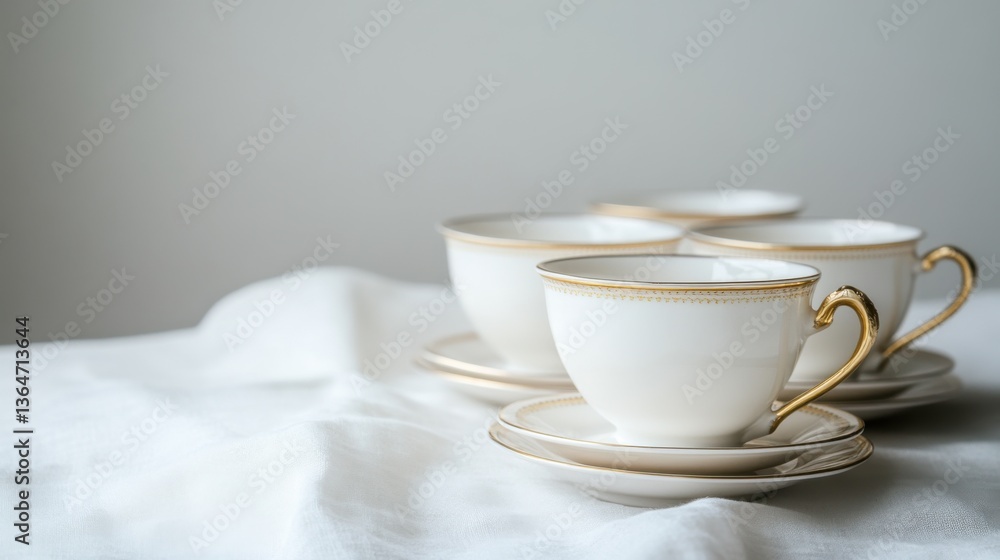 Elegant Teacups and Saucers on a Soft White Surface Elegant Teacups and Saucers on a Soft White Surface
