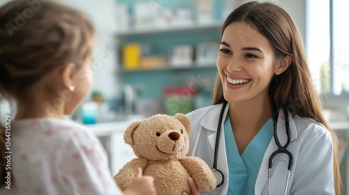A kind medical professional interacts with a young child in a comforting environment, showcasing compassion and care while holding a teddy bear, promoting health and happiness.