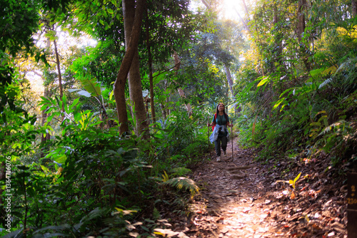 Asian woman trekking in the Thailand jungle