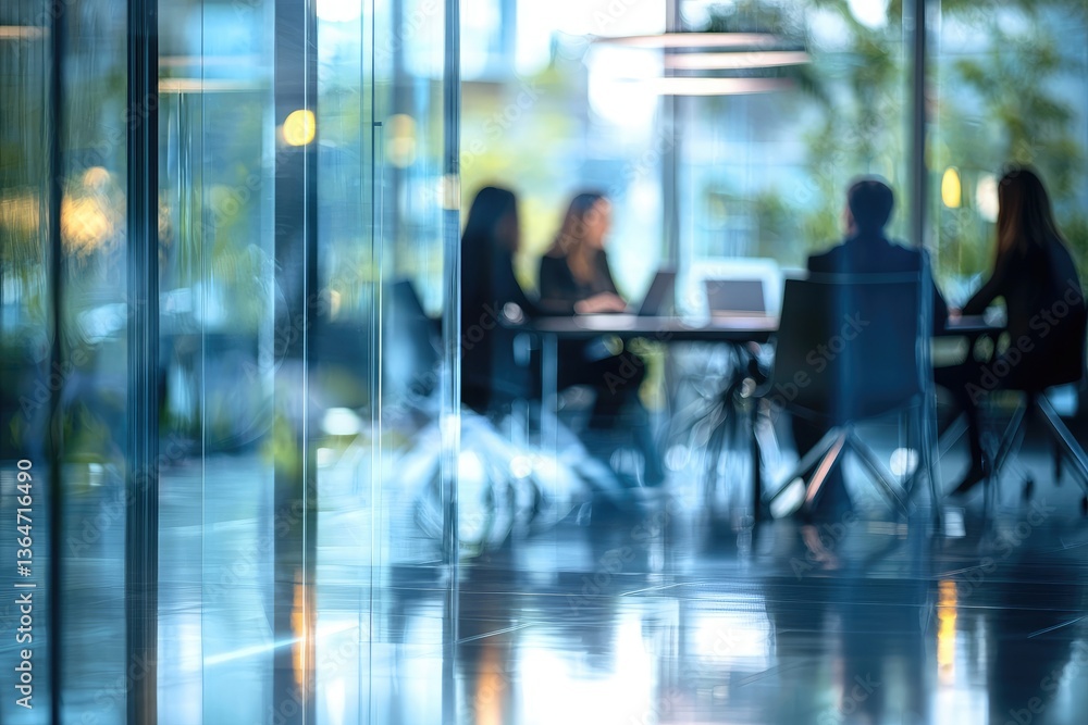 Blurred background of a business meeting in a modern office with people sitting at a table, a team working together having a discussion. View through a glass wall Blurred background of a business meeting in a modern office with people sitting at a table, a team working together having a discussion. View through a glass wall