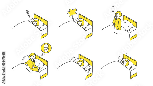 睡眠：ベッドで安眠できないシニア女性　セット、バリエーション