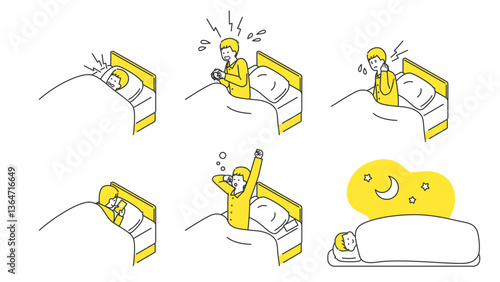 睡眠：ベッドで安眠できない男性　セット、バリエーション