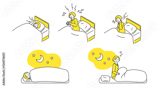 睡眠：ベッドで安眠できないシニア女性　セット、バリエーション
