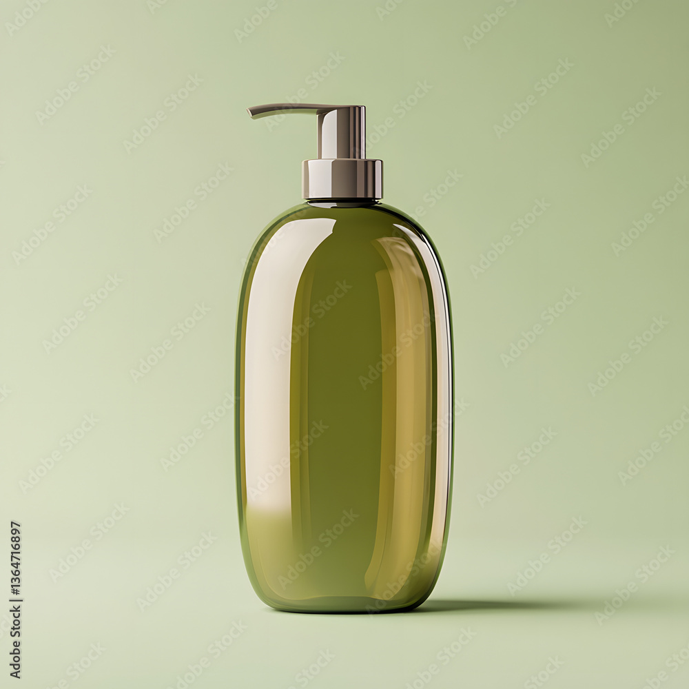 A realistic Smokey Olive shampoo bottle circular shape standing against a plain creem background A realistic Smokey Olive shampoo bottle circular shape standing against a plain creem background