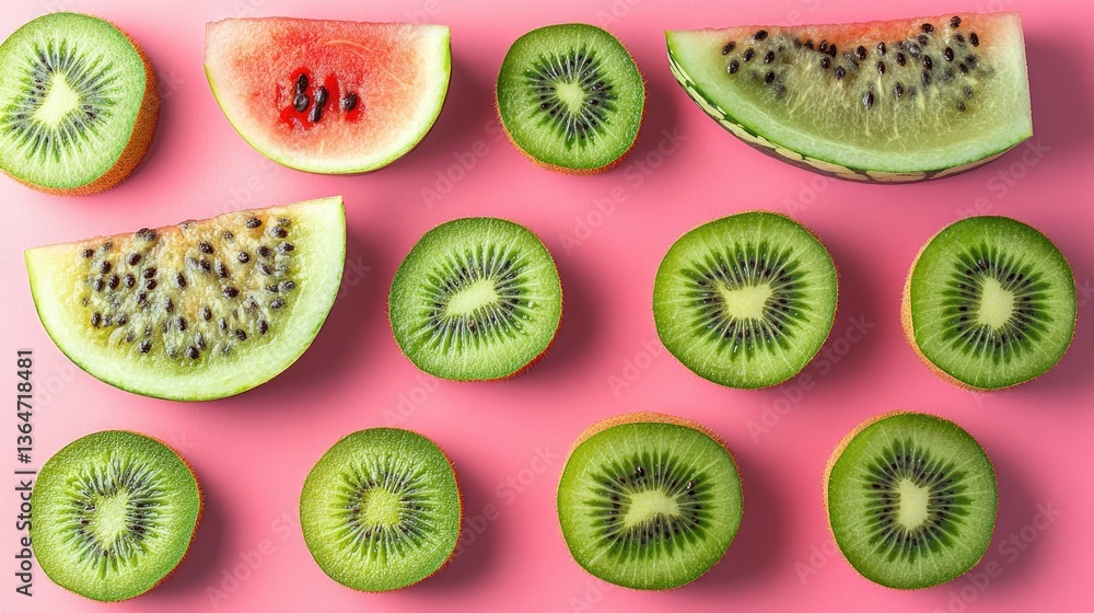 Fototapeta premium Slices of vibrant watermelon and kiwi fruit on a bright pink background evoke a refreshing, delightful summer vibe that pleases the senses.