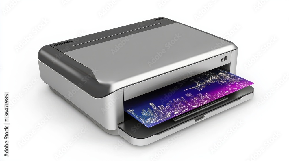 Modern Printer with Colorful Print Emerging from Output Tray Modern Printer with Colorful Print Emerging from Output Tray