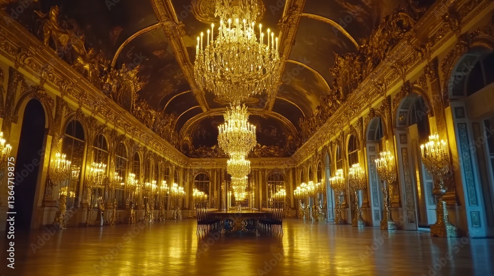Fototapeta premium Grand palace hall, opulent chandeliers, golden interiors