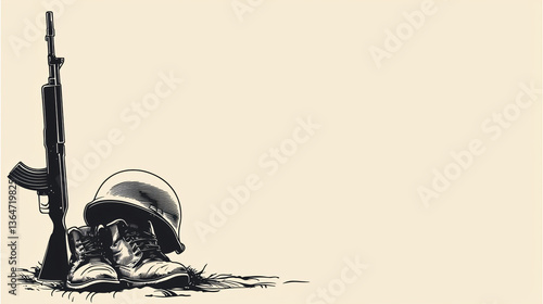 Symbolic helmet and boots on rifle in horizontal card layout with subtle shadowing