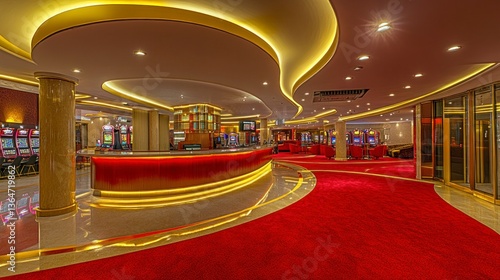 Luxurious casino interior with golden accents and red carpet