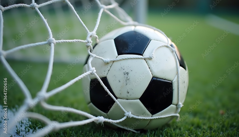 Fototapeta premium Soccer Ball in Net on Green Grass Field Close-up Game