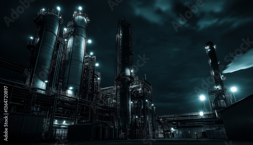 Nighttime Industrial Complex Towers, Pipes, and Refining Processes
