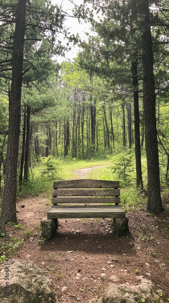 Weathered Bench in Secluded Forest Under Towering Pine Trees Weathered Bench in Secluded Forest Under Towering Pine Trees