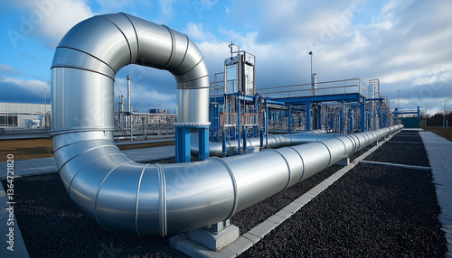 Industrial Refinery Plant Large Silver Pipes, Modern Equipment, Blue Steel Structures
