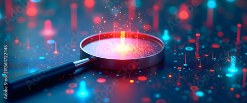 Concept of SEO optimization: Building quality, authority, and relevance. Stylized Glass Magnifying Glass with Red and Blue Digital Elements