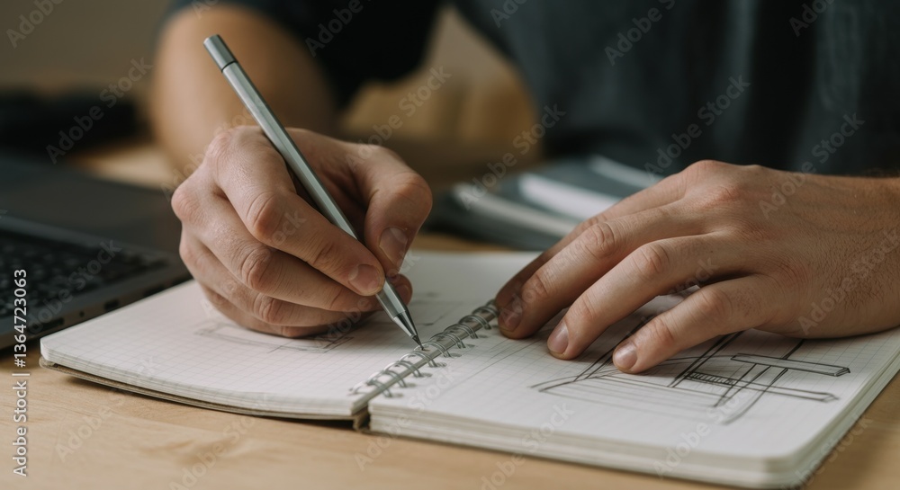 Close-up of hands sketching architectural designs in notebook Close-up of hands sketching architectural designs in notebook