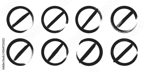 Hand drawn brush paint forbidden vintage grunge style red stop sign vector illustration set. Red crossed circle ban prohibited stop sign with hand drawn paint brush style warning refusing symbol set.