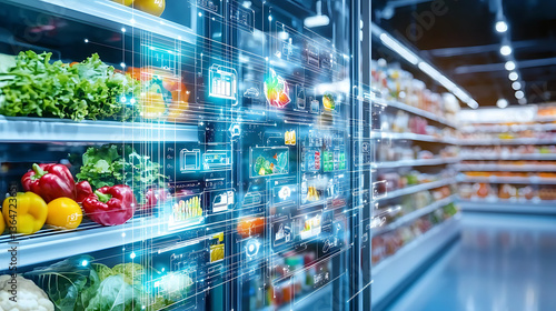Smart shopping experience supermarket digital content modern retail environment close-up view technology integration