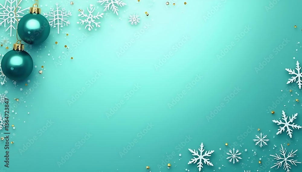 Fototapeta premium Festive Teal Christmas Background with Ornaments and Snowflakes Decoration