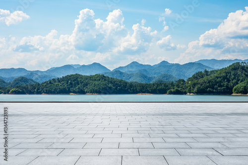 Obraz na płótnie Empty square floor and lake with mountain nature landscape in summer w salonie