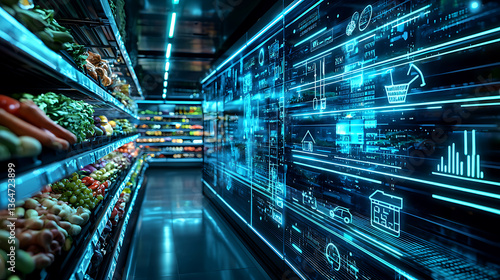 Grocery shopping experience supermarket digital display modern environment aisle perspective technology integration