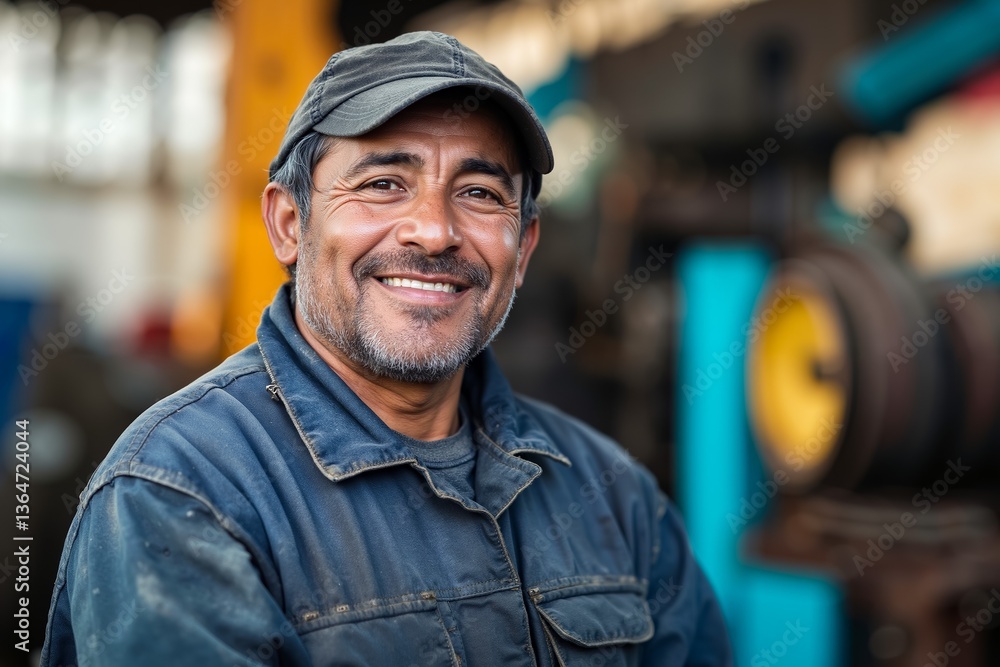 A smiling man wearing a hat and overalls standing in front of a machine A smiling man wearing a hat and overalls standing in front of a machine
