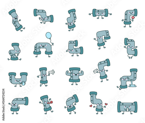 Adorable pipe characters set showing different emotions and actions in a cute cartoon style, perfect for yours funny plumbing themed creative projects and designs