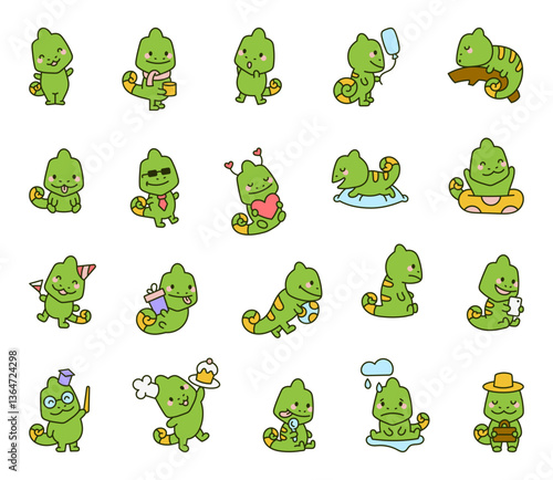 Chameleon character set featuring adorable cartoon animals expressing emotions, wearing accessories, and enjoying everyday moments for yours illustration and creative designs projects