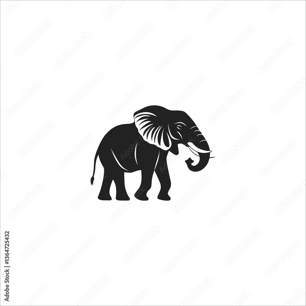 Fototapeta premium Elephant Silhouette Vector – Black and White Illustration of a Graceful Elephant with Raised Trunk for Wildlife and Nature-Themed Designs.